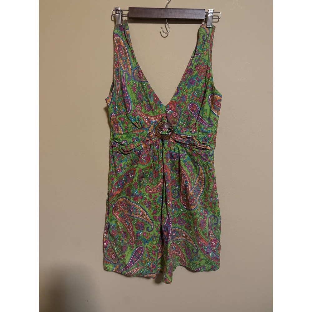 100% Cotton Paisley Mini Dress Green Boho V-Neck Wooden Ring Womens M western